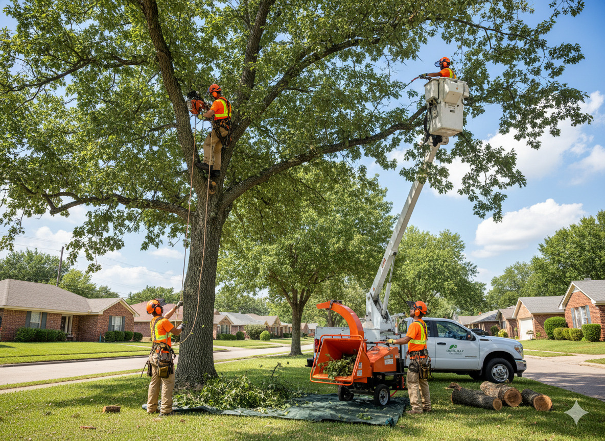Professional tree care team at work